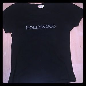 Stretchy black Hollywood tee with rhinestones.